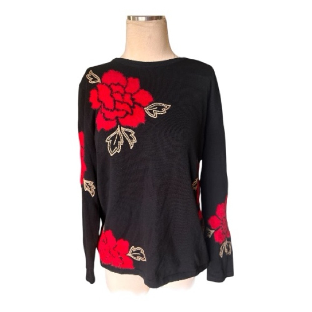 Alfred Dunner Rose floral black sweater embroidered Size Medium